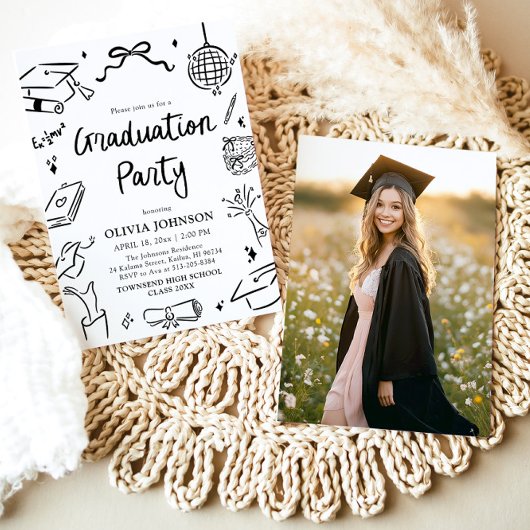 Modern Whimsical Hand Drawn Bow Graduation Party Kaart
