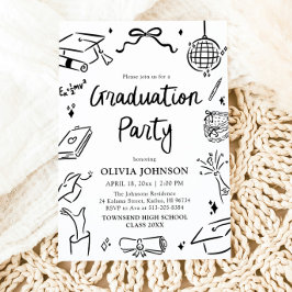 Modern Whimsical Hand Drawn Bow Graduation Party Kaart