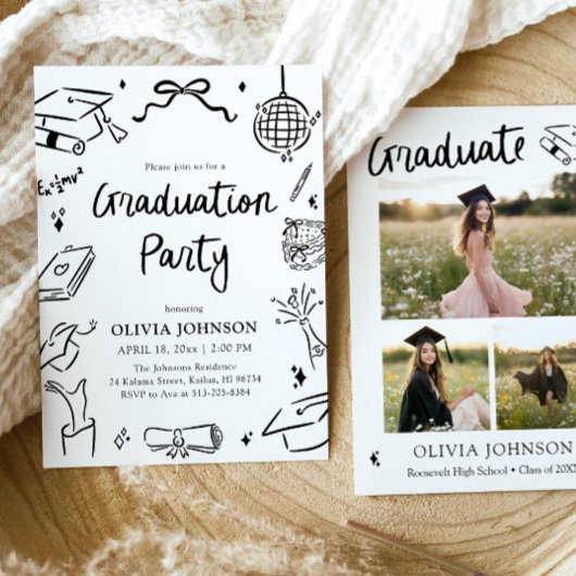 Modern Whimsical Hand Drawn Bow Graduation Party  Kaart