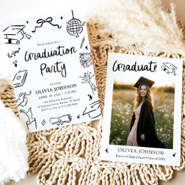 Modern Whimsical Hand Drawn Bow Graduation Party Kaart
