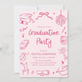 Modern Whimsical Hand Drawn Pink Graduation Party Kaart (Voorkant)