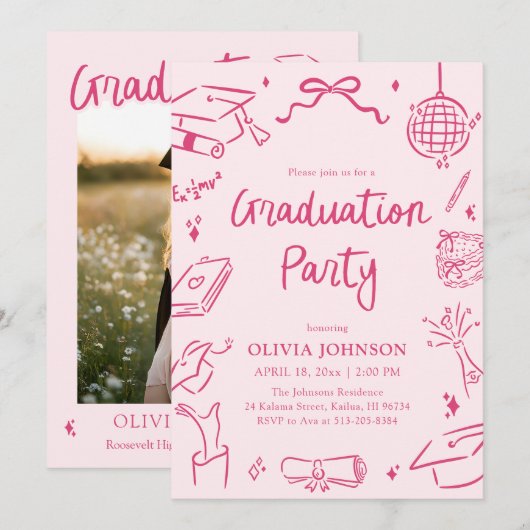 Modern Whimsical Hand Drawn Pink Graduation Party Kaart (Voorkant / Achterkant)