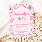 Modern Whimsical Hand Drawn Pink Graduation Party Kaart