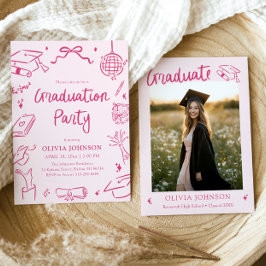Modern Whimsical Hand Drawn Pink Graduation Party Kaart