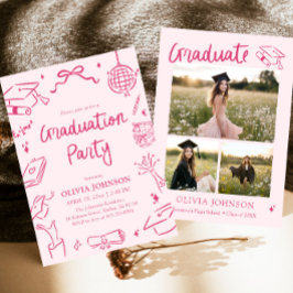Modern Whimsical Hand Drawn Pink Graduation Party Kaart