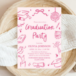 Modern Whimsical Hand Drawn Pink Graduation Party Kaart