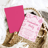 Modern Whimsical Hand Drawn Pink Graduation Party Kaart
