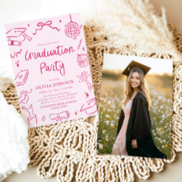 Modern Whimsical Hand Drawn Pink Graduation Party Kaart