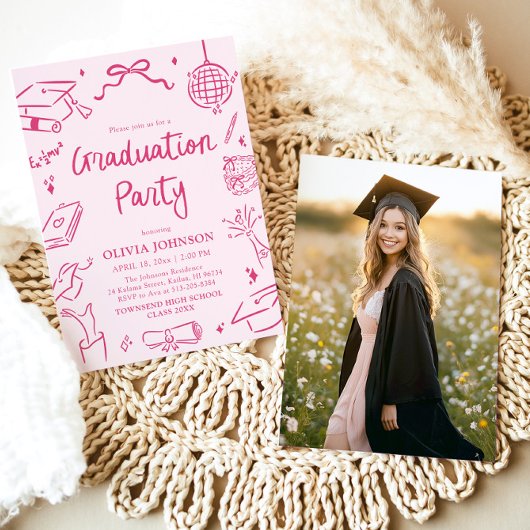 Modern Whimsical Hand Drawn Pink Graduation Party Kaart