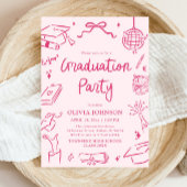 Modern Whimsical Hand Drawn Pink Graduation Party Kaart