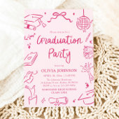 Modern Whimsical Hand Drawn Pink Graduation Party Kaart