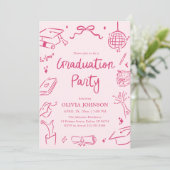 Modern Whimsical Hand Drawn Pink Graduation Party Kaart (Staand voorkant)