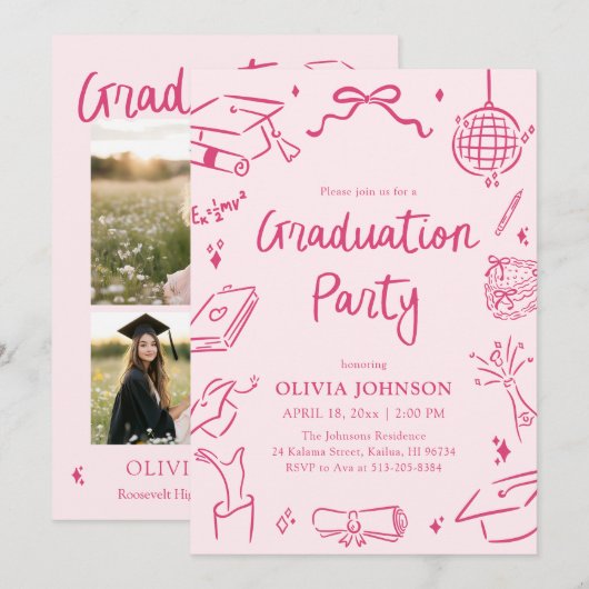 Modern Whimsical Hand Drawn Pink Graduation Party Kaart (Voorkant / Achterkant)