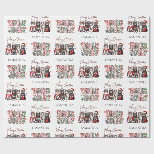 Modern Whimsical Holly Jolly Christmas Name  Cadeaupapier (Vlak)