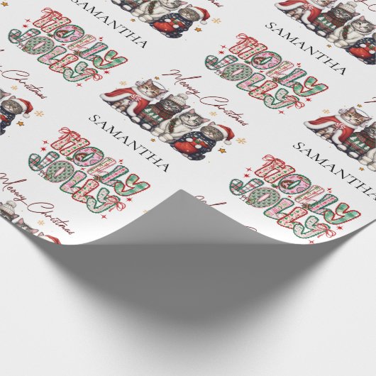 Modern Whimsical Holly Jolly Christmas Name  Cadeaupapier (Hoek)