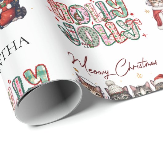 Modern Whimsical Holly Jolly Christmas Name  Cadeaupapier (Rol Hoek)