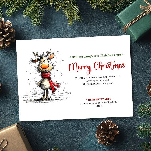 Modern whimsical reindeer Christmas greeting card Feestdagenkaart