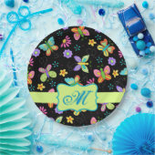 Modern Whimsy Butterflies Black Green Monogram Papieren Bordje (Feest)