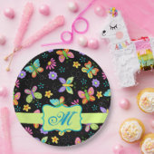 Modern Whimsy Butterflies Black Green Monogram Papieren Bordje (Feest)