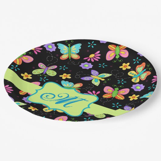 Modern Whimsy Butterflies Black Green Monogram Papieren Bordje (Gekanteld)