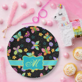 Modern Whimsy Butterflies Black Turquoise Monogram Papieren Bordje (Feest)