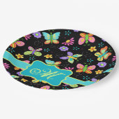 Modern Whimsy Butterflies Black Turquoise Monogram Papieren Bordje (Gekanteld)