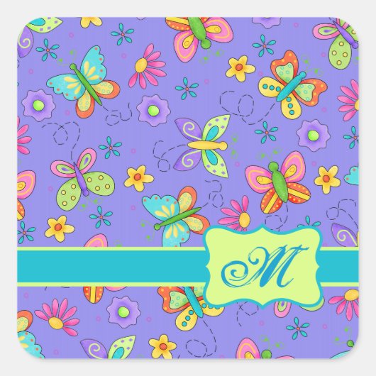 Modern Whimsy Lavender Butterfly Monogram Vierkante Sticker (Voorkant)
