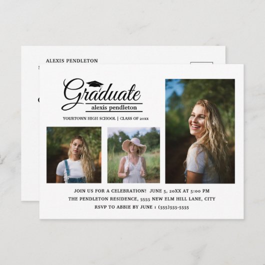Modern White 3-Photo Graduation Party Briefkaart (Voorkant / Achterkant)
