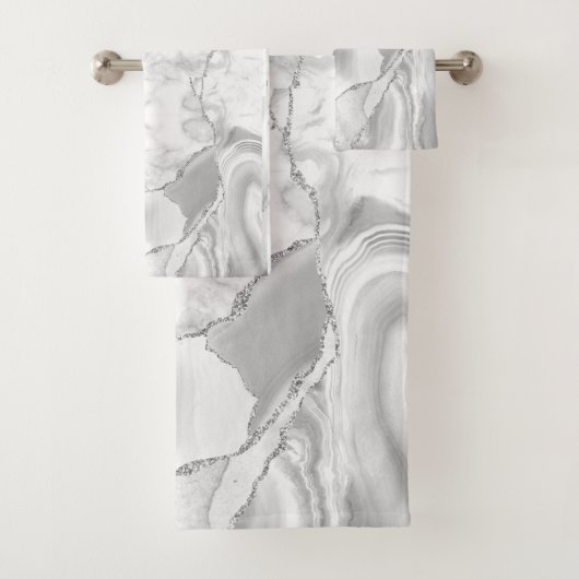 Modern White Agate Silver Abstracte marmer Bad Handdoek (Insitu)