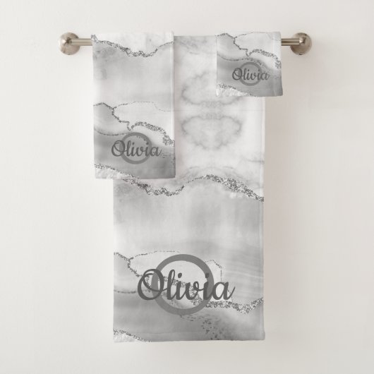 Modern White Agate Silver Monogram Marble Bath Bad Handdoek (Insitu)