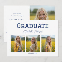 Modern White and Blue Photo Grad Announcement Kaart