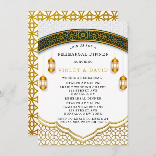 Modern White and Gold Islamic Rehearsal Dinner Kaart (Voorkant / Achterkant)