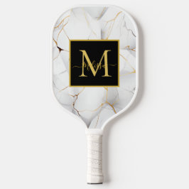 Modern White and Gold Marbled Monogram Name Pickleball Paddle