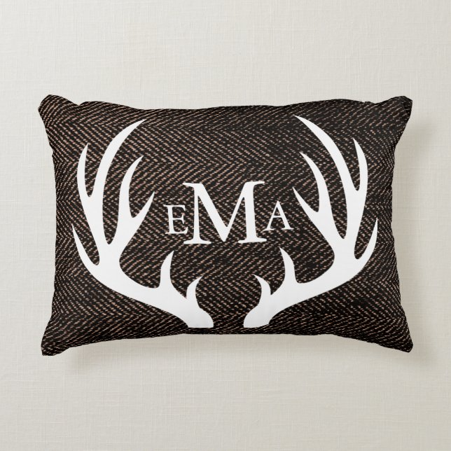 Modern White Antlers & Espresso Brown Herringbone Accent Kussen (Voorkant)