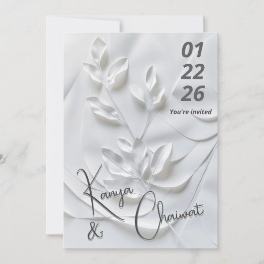 Modern White & Beige Wedding Invitation – Botanica Kaart (Voorkant)