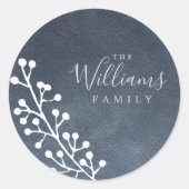 Modern White Berries sprig Dark Blue Kerstmis Ronde Sticker (Voorkant)