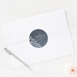 Modern White Berries sprig Dark Blue Kerstmis Ronde Sticker