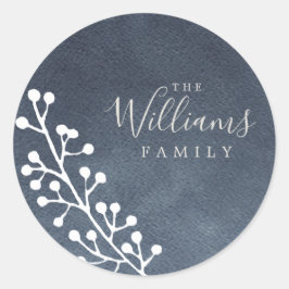 Modern White Berries sprig Dark Blue Kerstmis Ronde Sticker