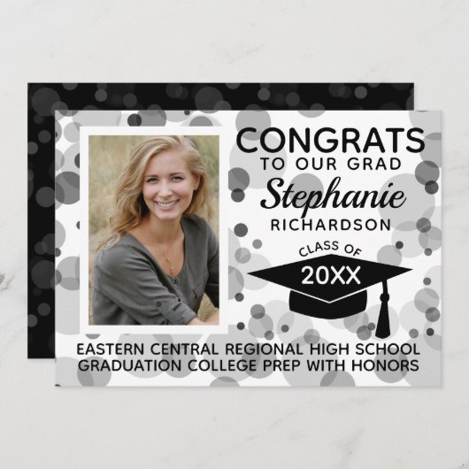 Modern White Black Bokeh Bubbles Photo Afstuderen Kaart (Voorkant / Achterkant)