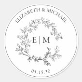 Modern White Black Leafy Crest Monogram Weddenscha Ronde Sticker (Voorkant)