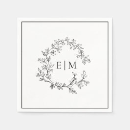 Modern White Black Leafy Crest Monogram Weddenscha Servet