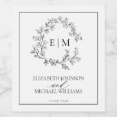Modern White Black Leafy Crest Monogram Weddenscha Wijn Etiket (Enkel label)