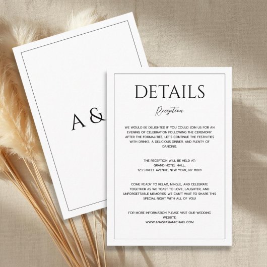 Modern white black minimalist wedding details informatiekaartje