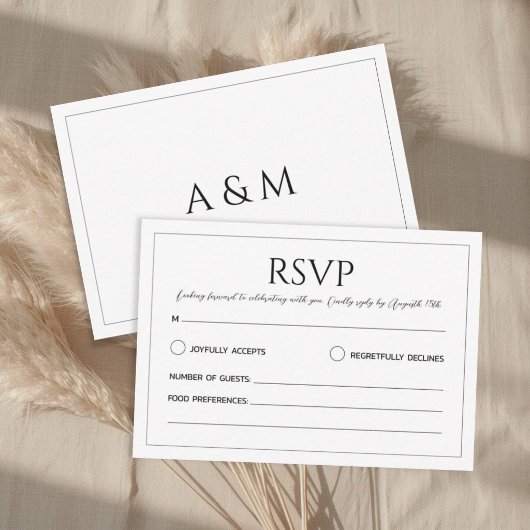 Modern white black minimalist wedding RSVP kaartje