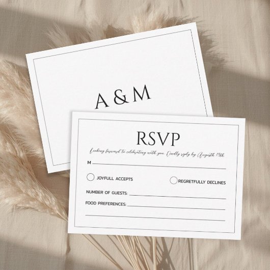 Modern white black minimalist wedding RSVP kaartje