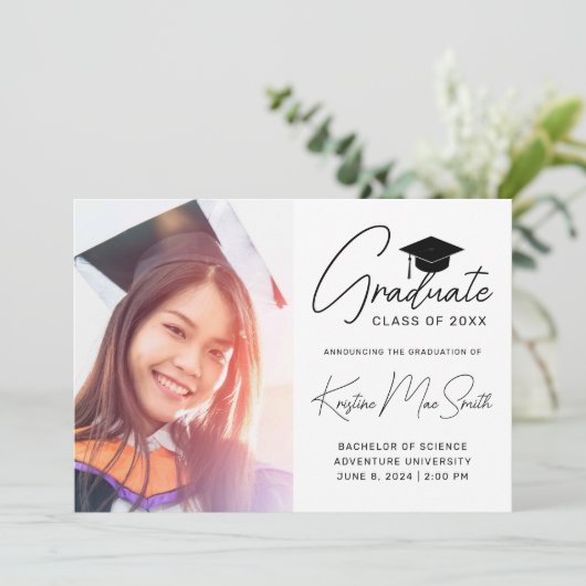 Modern White Black Script Photo College Graduing Aankondiging (Staand voorkant)