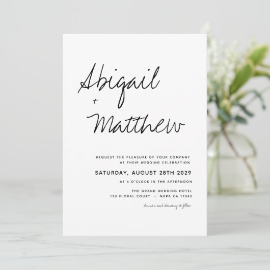 Modern White Black Simple Handwriting Boho Wedding Kaart (Staand voorkant)