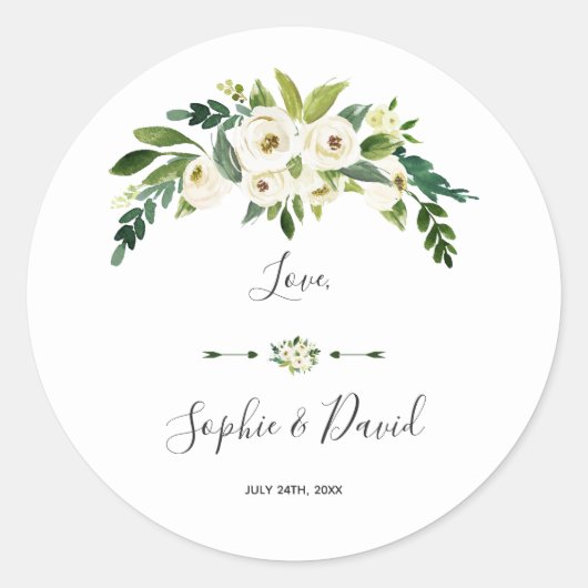 Modern White Blooming Floral Handwriting Wedding Ronde Sticker (Voorkant)