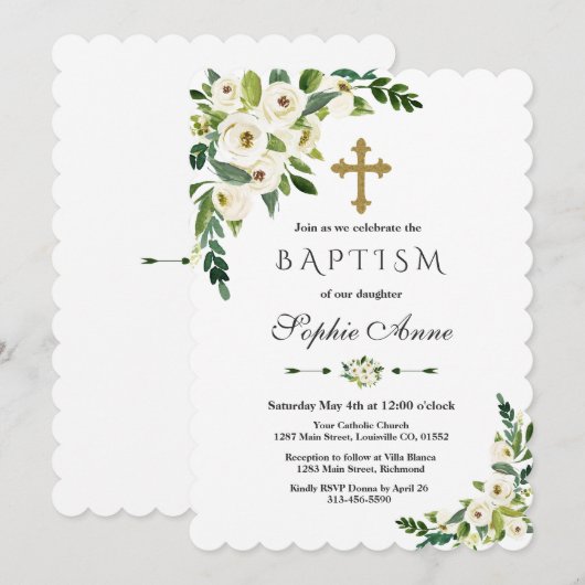 Modern White Blooming Floral Peonies Baptisme Kaart (Voorkant / Achterkant)