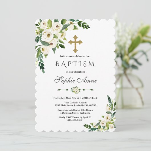 Modern White Blooming Floral Peonies Baptisme Kaart (Staand voorkant)